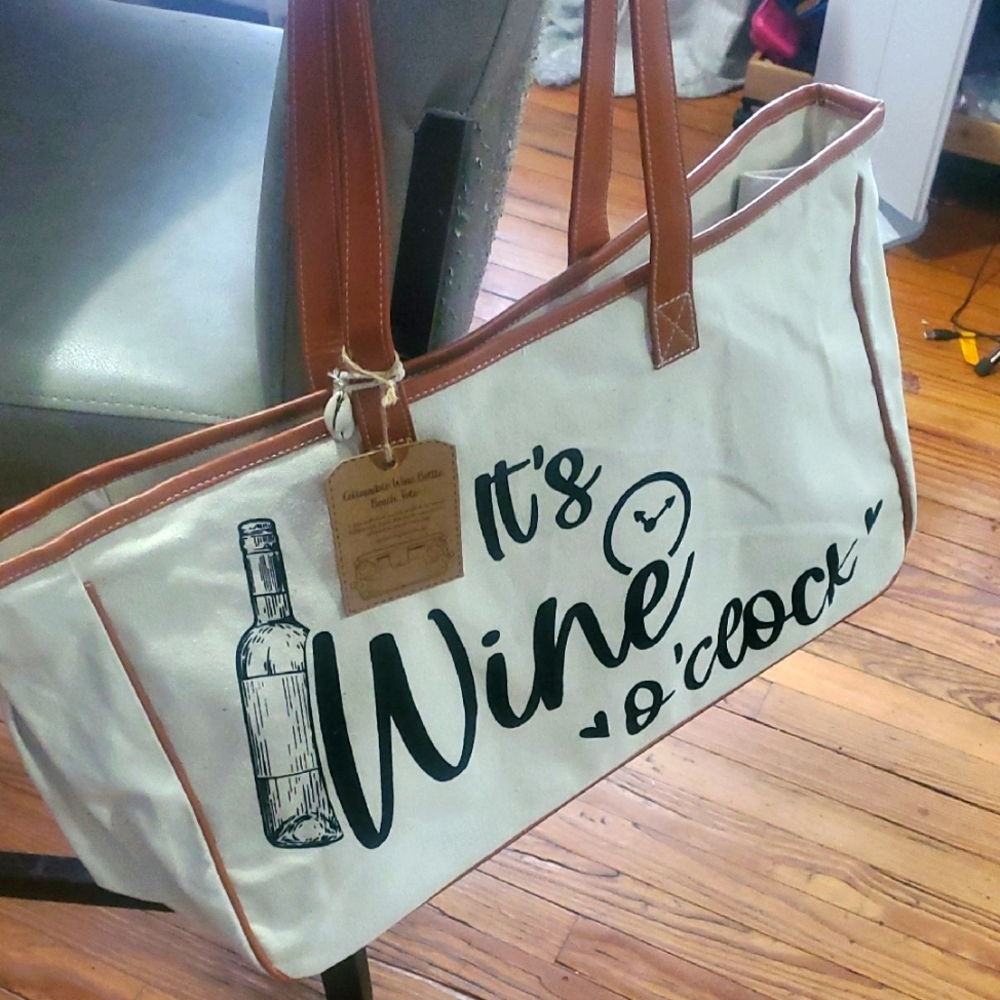 Brand New With Tags Canvas Wine O'Clock Tote Bag - Cream and Brown